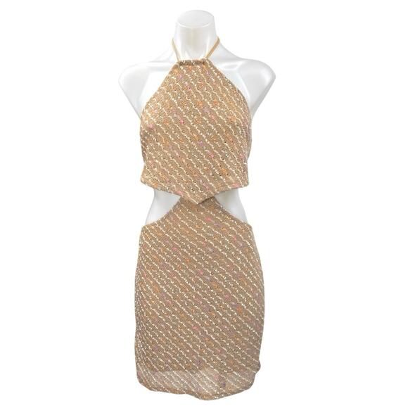 NEW Molly Green Brown Sleeveless Knitted Halter Tie Cutout Mini Pencil Dress L - Picture 1 of 5